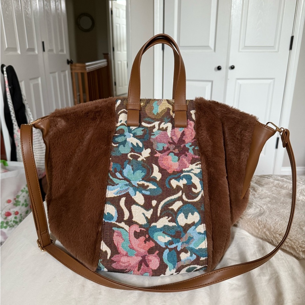 Anthropologie Brown Tote with Floral Accents